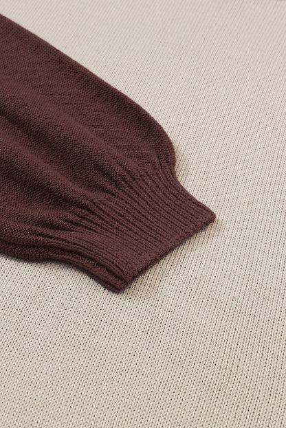 Brown Colorblock Bishop Sleeve Exposed Seam Ribbed Trim Sweater