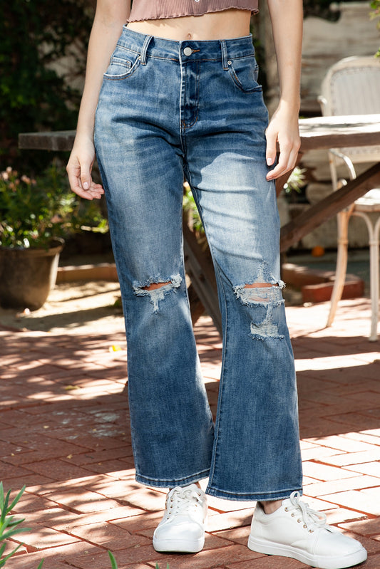 Sky Blue Casual Distressed Ripped Flare Jeans