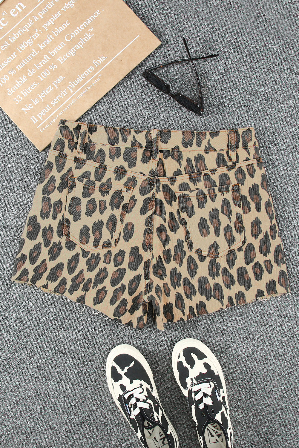 Leopard Frayed Hemline Mid Waist Jean Shorts