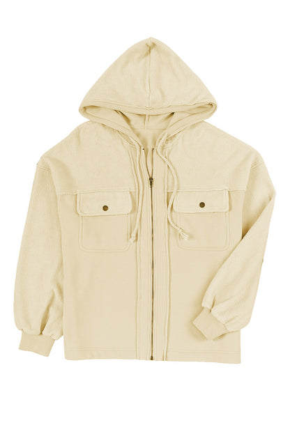 Apricot Bishop Sleeve Zip Up Hoodie Jacket with Flap Pockets