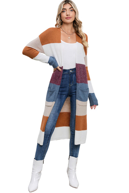 Multicolor Knitted Color Block Open Front Long Cardigan