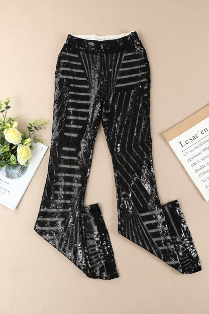 Black Sequins Striped High Waist Flared Pants
