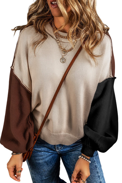 Brown Colorblock Bishop Sleeve Exposed Seam Ribbed Trim Sweater