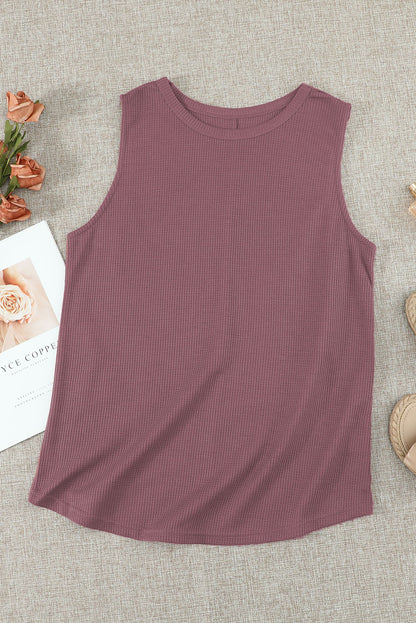 White Basic Waffle Crew Neck Tank Top