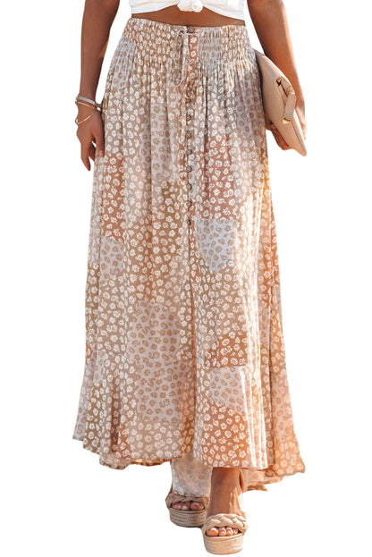 Apricot Boho Flower Print Smocked Waist Button Slit Maxi Skirt