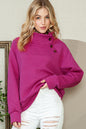 Rose Red Quilted Buttoned Neck Pullover Sweatshirt