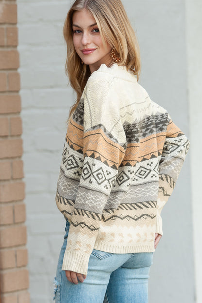 Khaki Geometric Print Ribbed Knitted V Neck Sweater