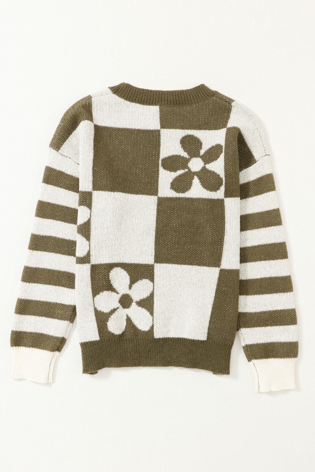 Brown Checkered and Striped Knitted Pullover Sweater