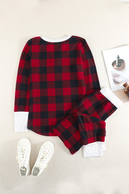 Red Christmas Plaid Long Sleeve Top & Pants Loungewear Set