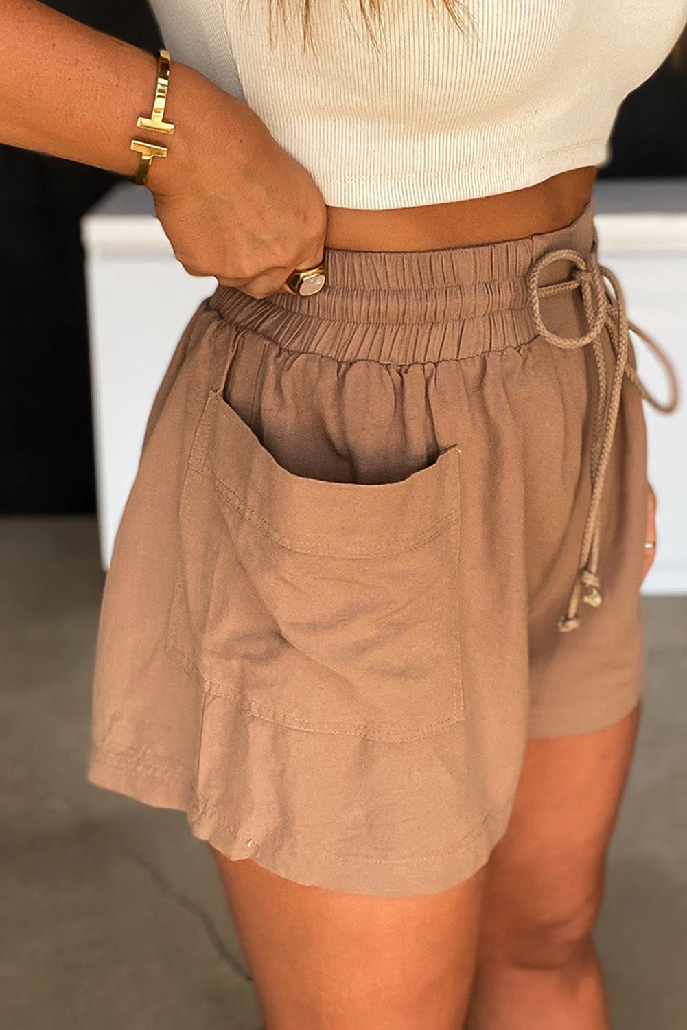 Brown Casual Drawstring High Waisted Shorts with Pockets