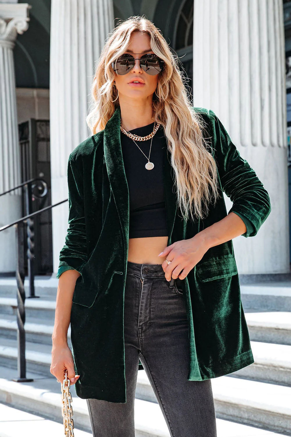 Green Lapel Collar Velvet Blazer with Flap Pockets