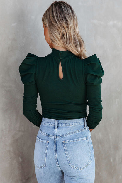 Green Puff Sleeve Keyhole Back Ribbed Knit Bodysuit