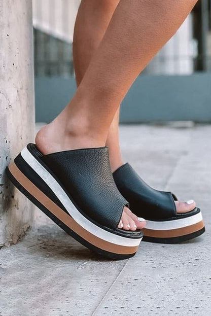 Black Color-Blocking Peep Toe Wedge Heel Sandals