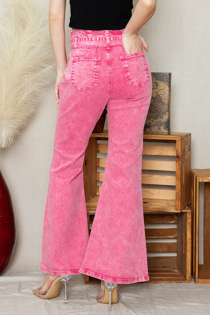 Pink Casual Front Knot High Waist Flare Leg Jeans