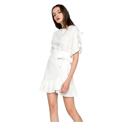 Stylish Adjustable Belt Ruffled Patchwork 4 Color Cotton Linen Dress Women