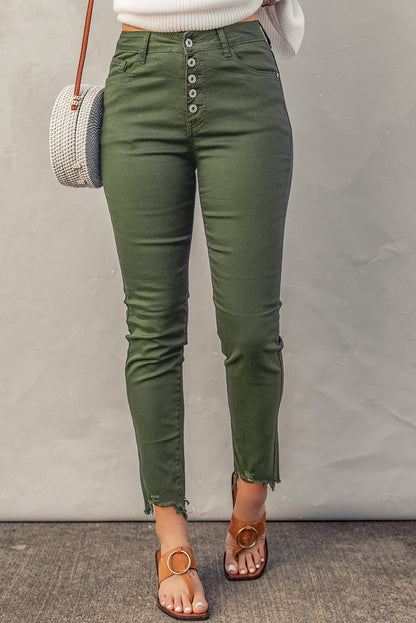 Green Frayed Raw Hem High Waist Denim Jeans