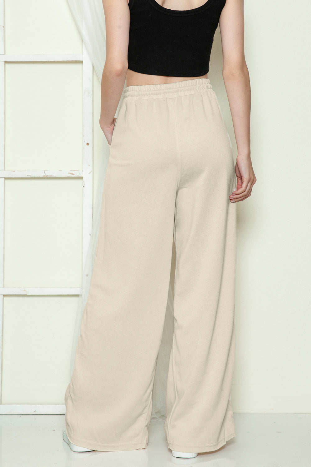 Grey Mineral Washed Drawstring High Waisted Wide Leg Pants