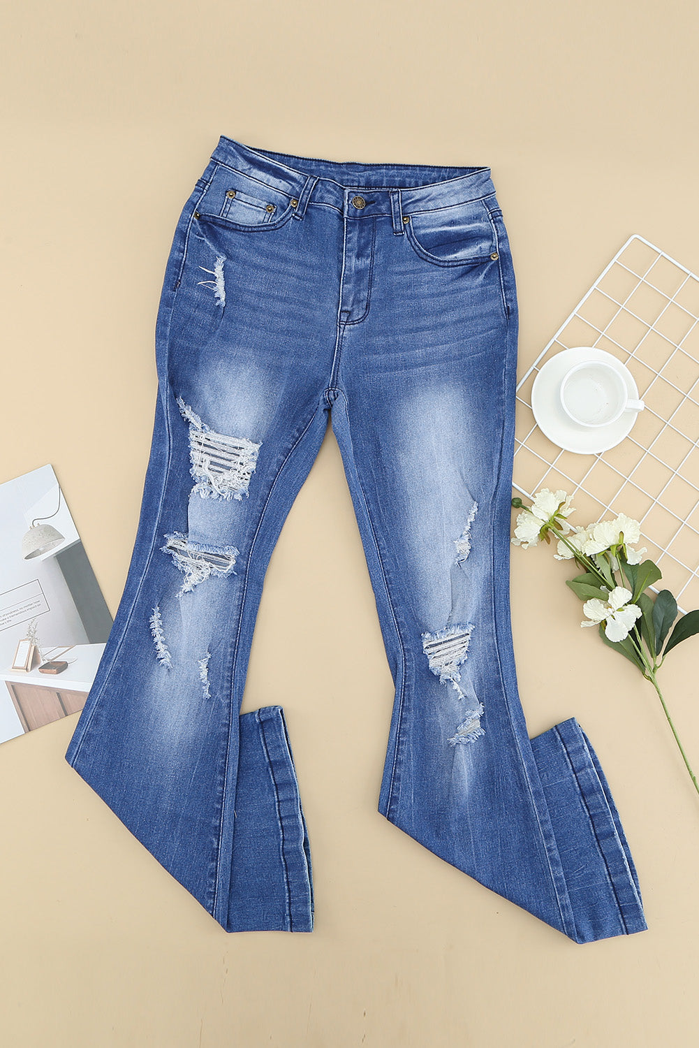 Blue Distressed High Waist Flare Jeans