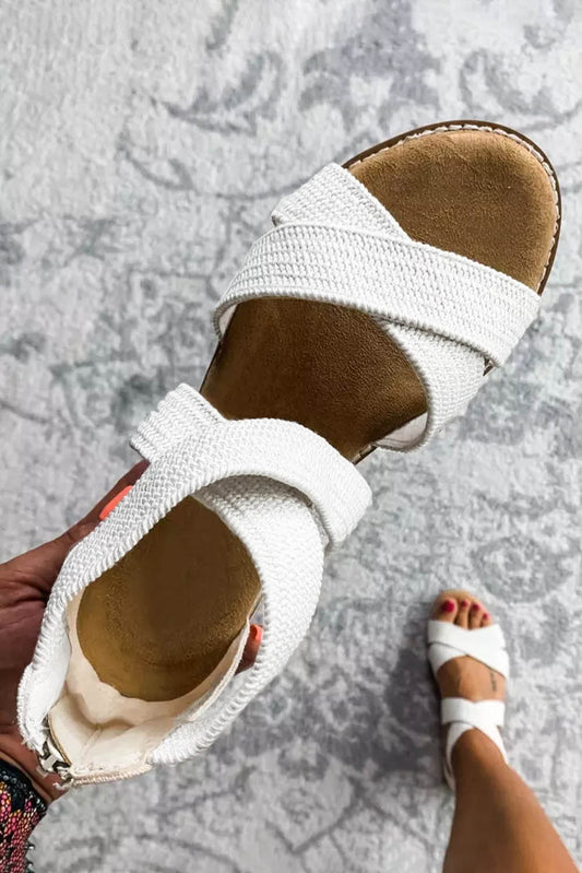 Beige Criss Cross Strappy Zipped Low Wedge Sandals