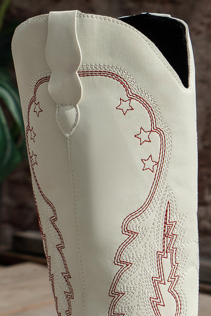 Bright White Geometric Leather Embroidered Boots