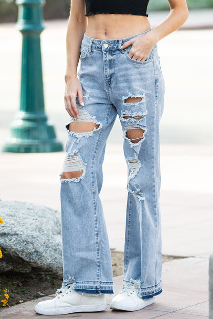 Sky Blue Vintage Distressed Ripped Wide Leg Jeans