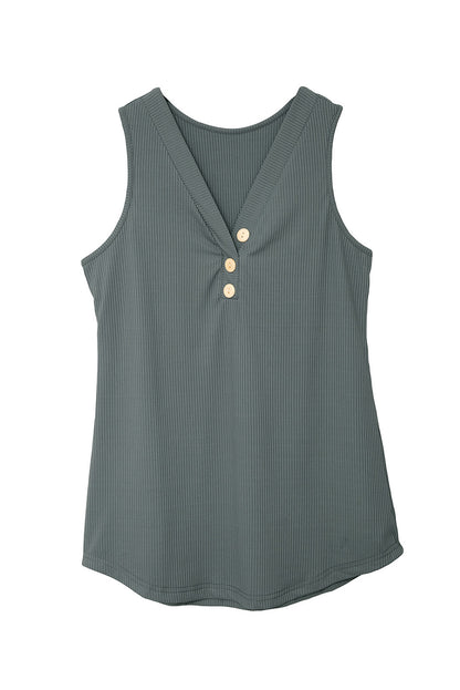 Button V Neck Casual Navy Blue Rib-Knit Tank Top for Women