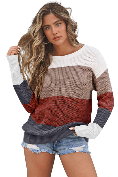 Chestnut Color Block Casual Knit Pullover Sweater