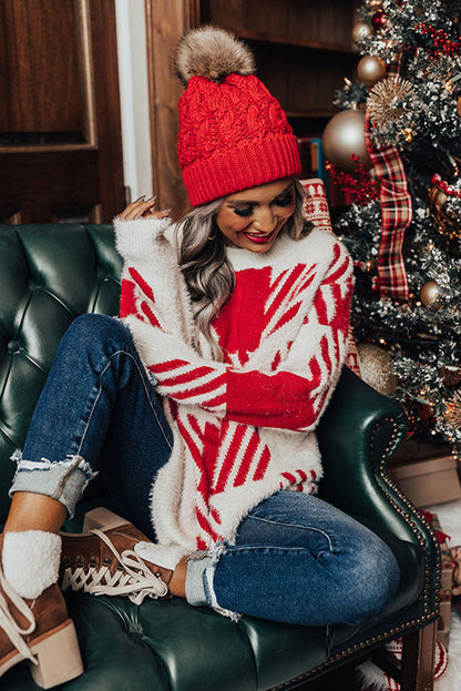 Red Fuzzy Check Drop Shoulder Sweater