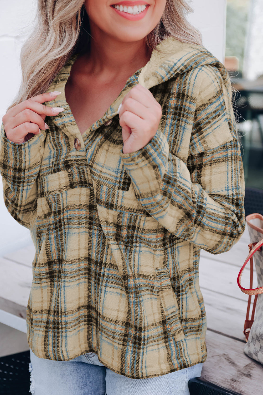 Khaki Plaid Button Neck Pocketed Pullover Hoodie