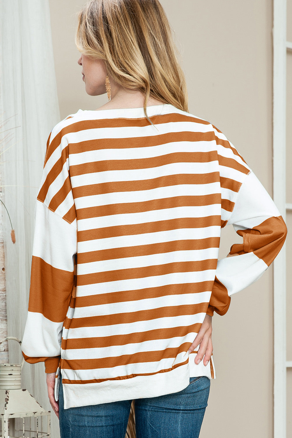 Black Striped Colorblock Drop Shoulder Pullover Sweatshirt