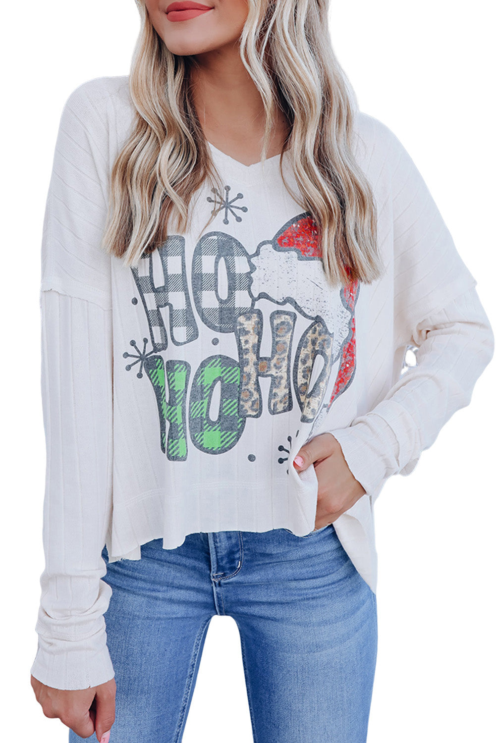 White HOHOHO Christmas Pattern Ribbed Drop Sleeve Top