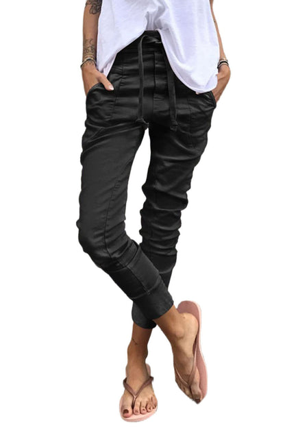 Black Skinny High Waisted Drawstring Capri Pants