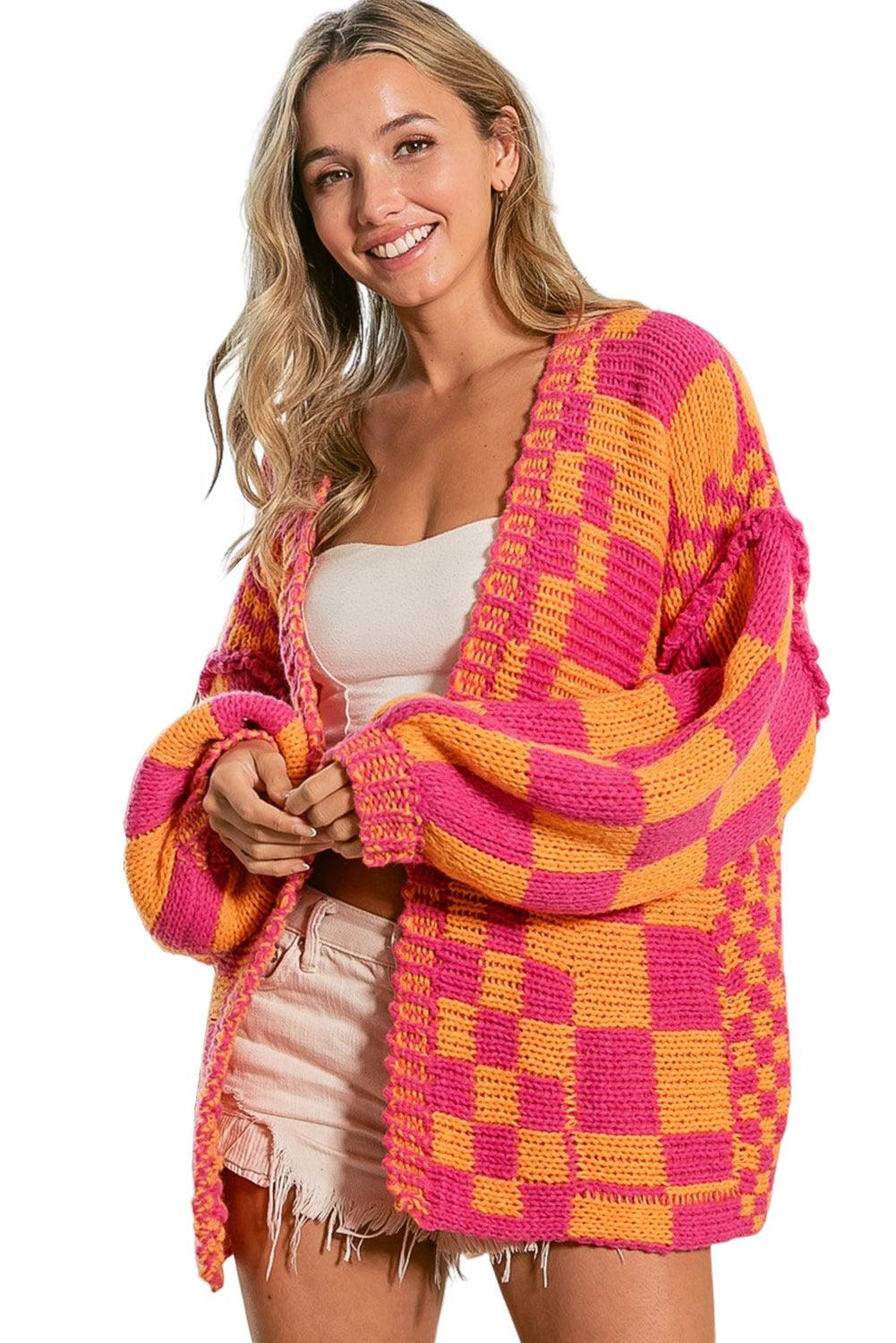 Colorblock Checked Open Front Knitted Cardigan