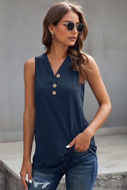 Button V Neck Casual Navy Blue Rib-Knit Tank Top for Women