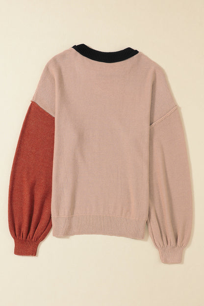 Brown Colorblock Bishop Sleeve Exposed Seam Ribbed Trim Sweater