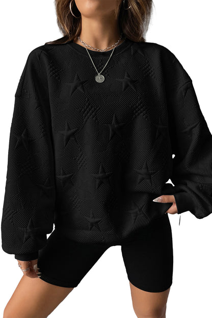 Black Star Embossed Textured Drop Shoulder Sweatshirt