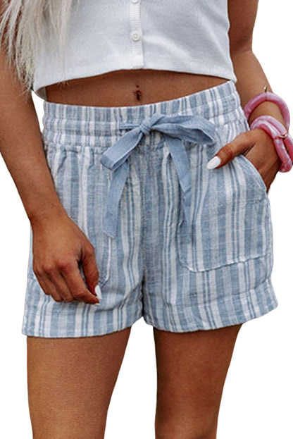 Sky Blue Vertical Stripes Print Shorts With Pockets