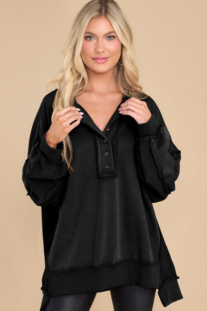 Black Patchwork Exposed Seam Henley Sweatshirt