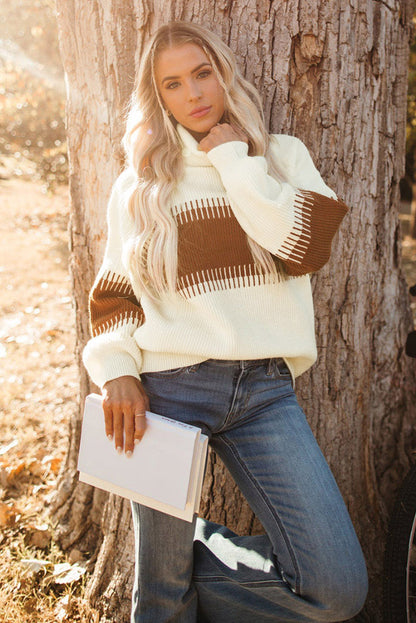 White Ribbed High Neck Bishop Sleeve Sweater