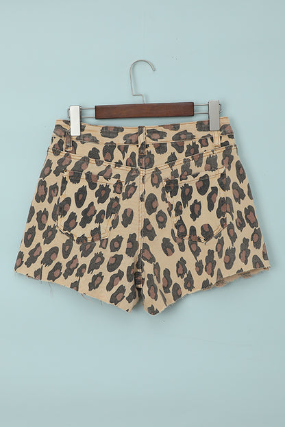 Leopard Frayed Hemline Mid Waist Jean Shorts