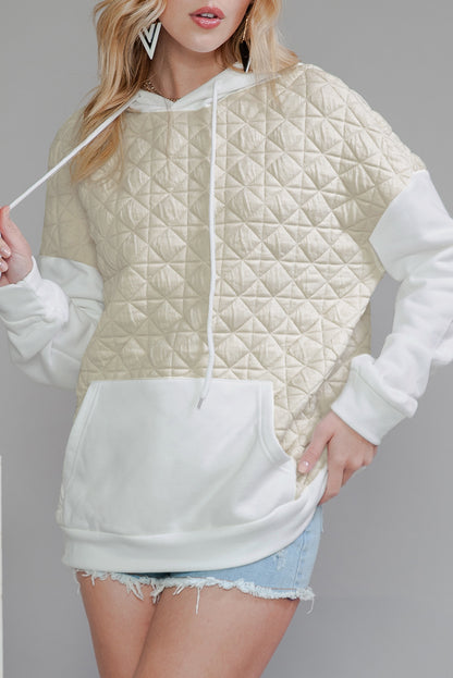 Light Grey Drop Shoulder Kangaroo Pocket Patchwork Quilted Hoodie