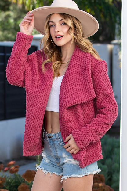 Hot Pink Casual Waffle Lapel Neck Open Front Blazer