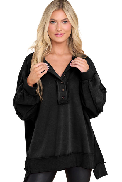 Black Patchwork Exposed Seam Henley Sweatshirt