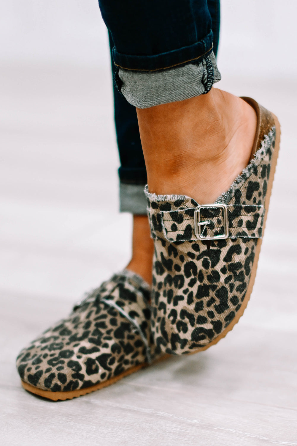 Cheetah Buckle Strap Frayed Canvas Slip On Slippers