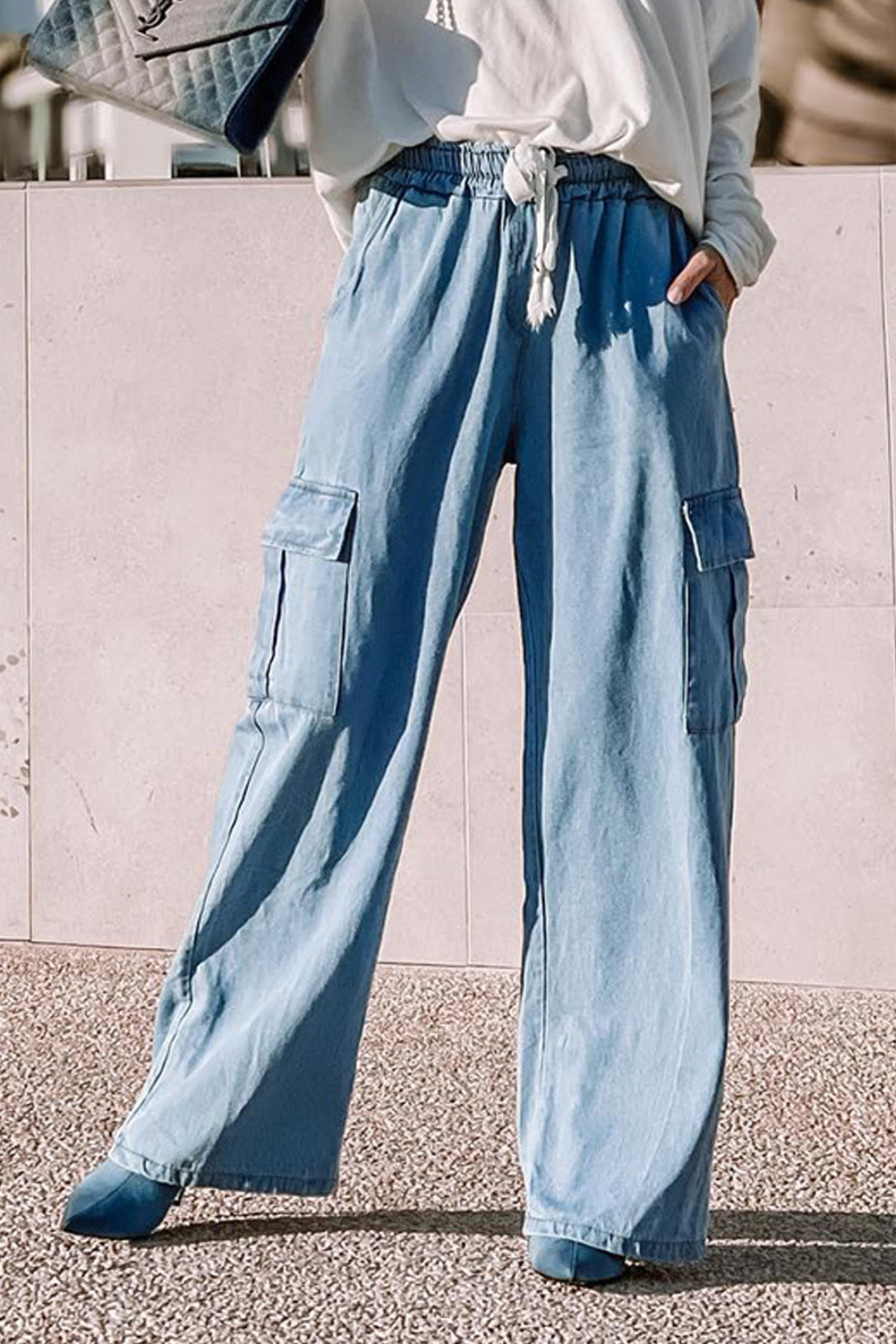 Sky Blue Drawstring High Waist Cargo Pocket Wide Leg Jeans