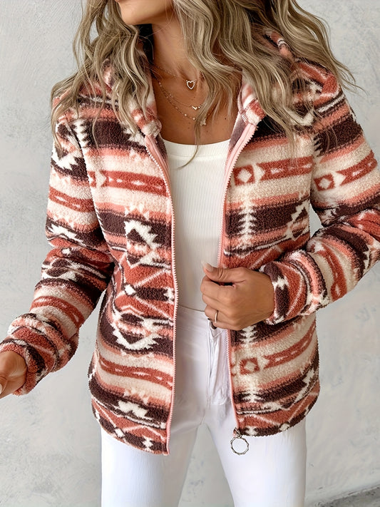 Geometric Zip Up Long Sleeve Hooded Jacket