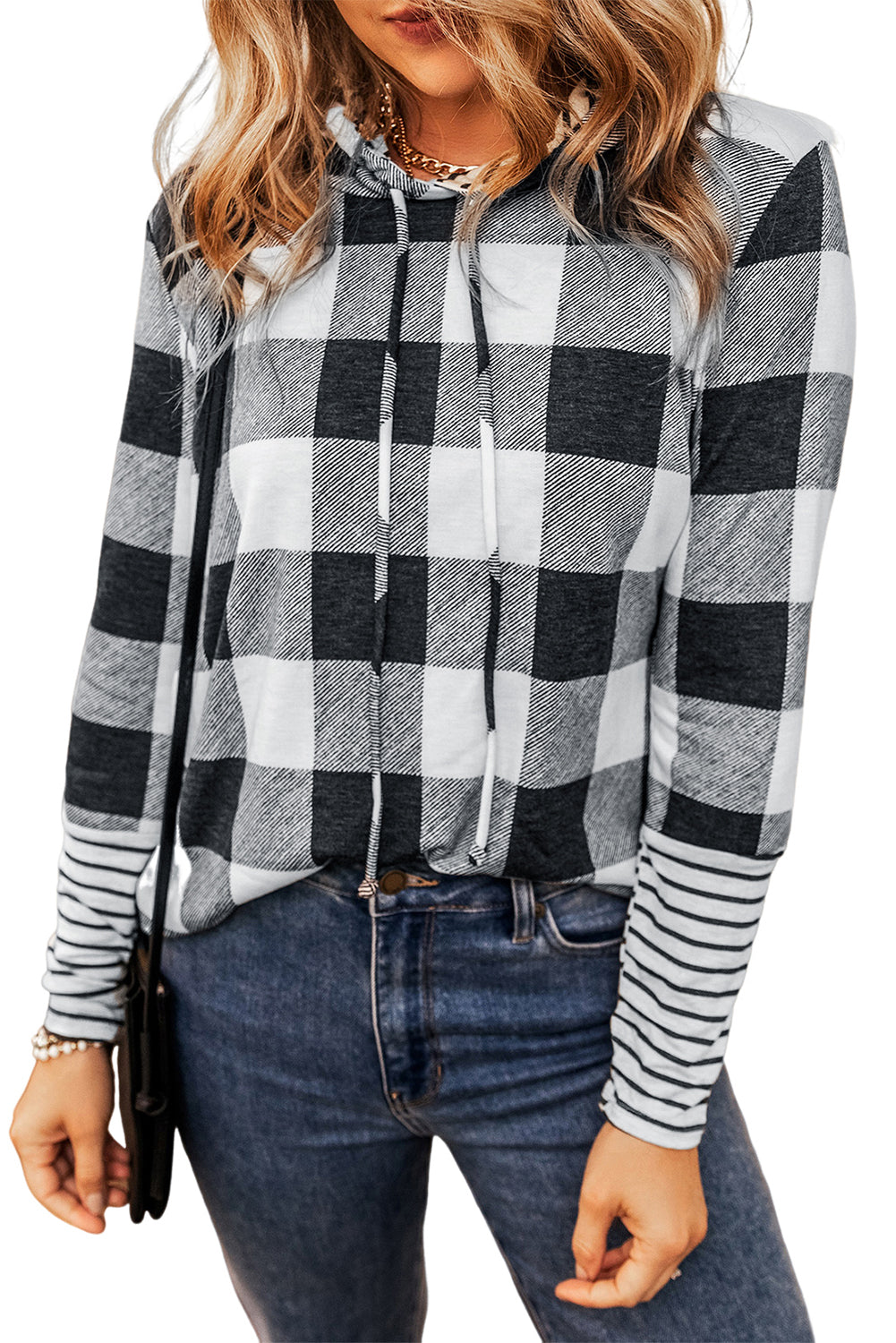 Multicolour Plaid & Striped Patchwork Drawstring Hoodie