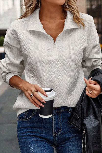 White Quilted 1/4 Zipper Textured Pullover Sweatshirt