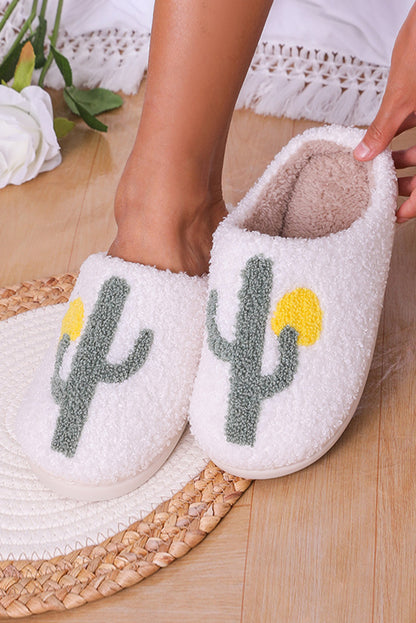 White Fuzzy Cactus Pattern Winter Home Slippers