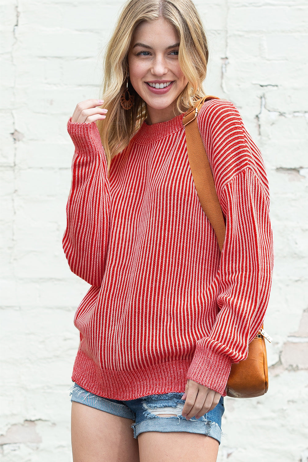 Red Casual Stripe Print Round Neck Sweater